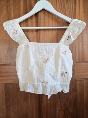White Floral Eyelet Square-Neck Crop Top